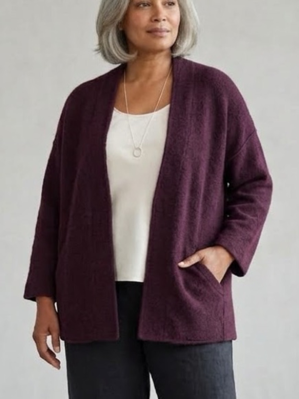 Eileen Fisher 100% Merino Wool Boiled Wool Jacket Cardigan Plum Size XL